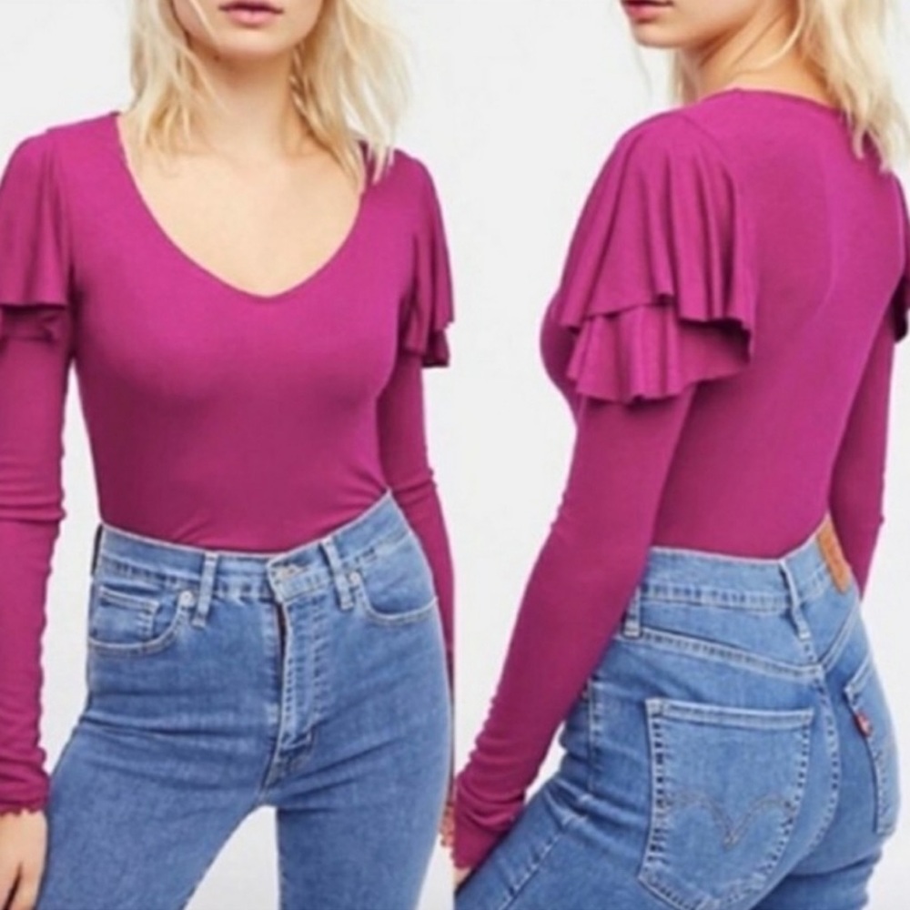 Free People On Rewind Ruffle Mini Rib Long Sleeve Top in Berry Size XS NWT